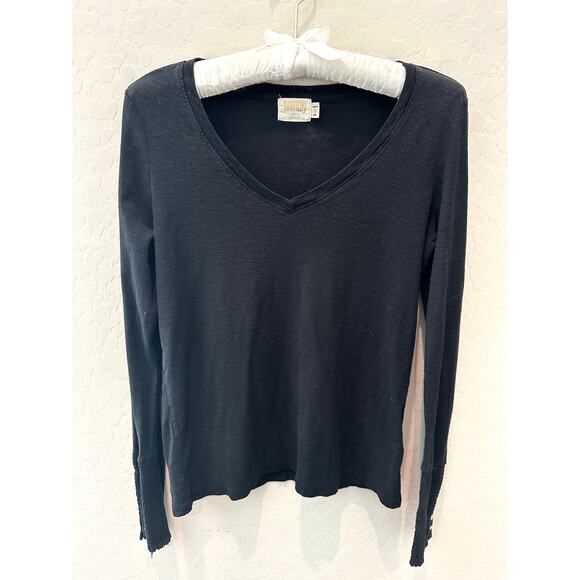 Nation LTD Black Pima Cotton V-Neck Long Sleeve Top Smocked Cuff | Size Small - Picture 1 of 8